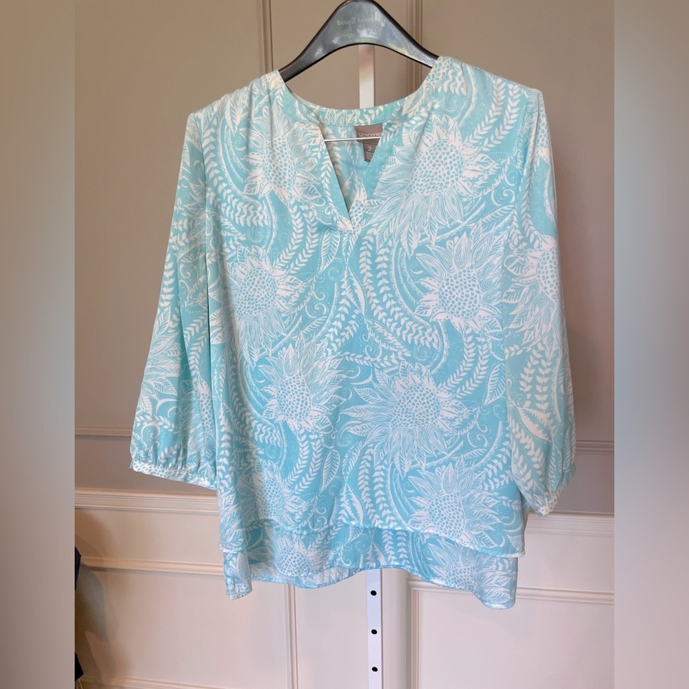 Chico's Aqua and White Floral Split V-Neck Blouse
